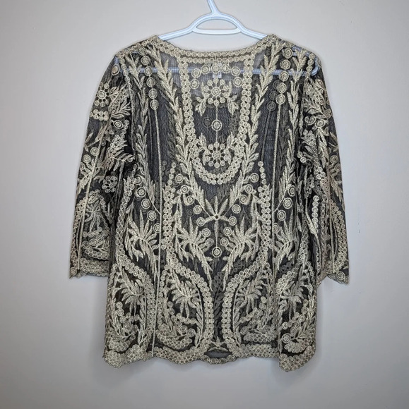 CATO Embroidered Detail Sheer  Top Black & Champagne Formal Blouse Small - Picture 2 of 9